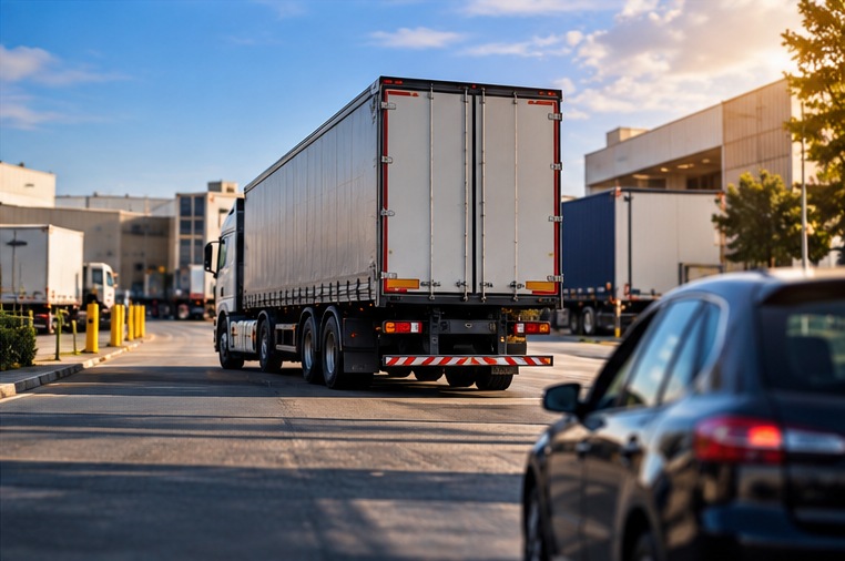 Caminhão em operação logística com circulação de terceiros