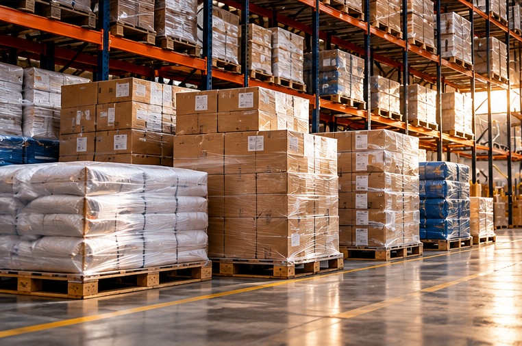 Mercadorias armazenadas e preparadas para distribuição nacional